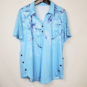Womans XL Blue Floral Top Button Front Blouse